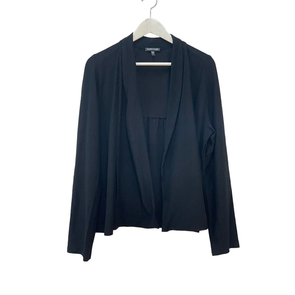 Eileen Fisher Black Open Front Pleated Back Size L Long Sleeve Cardigan Sweater